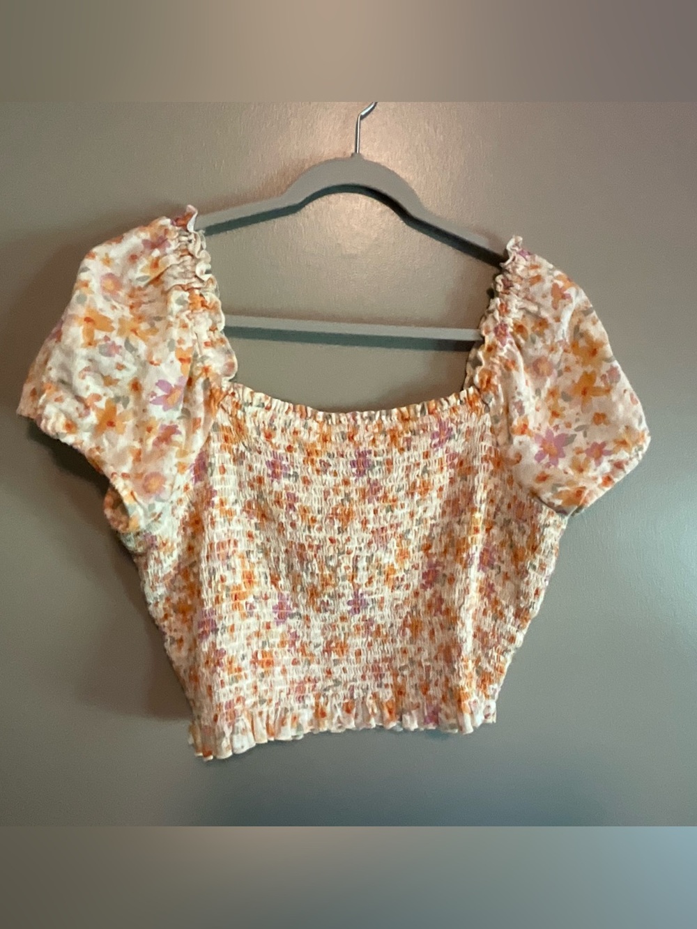 Floral Smocked Crop Top - White/Orange/Pink
